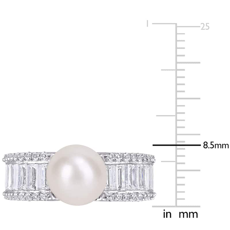 Miadora Sterling Silver FW Cultured Pearl & Created White Sapphire Multi-row Cocktail Ring (8-8.5mm)