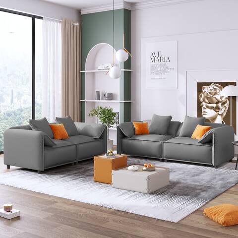 Modern Style 2 Pieces Living Room Upholstered Sofa Set with 4 Pillows - 3Seat Sofa+Loveset