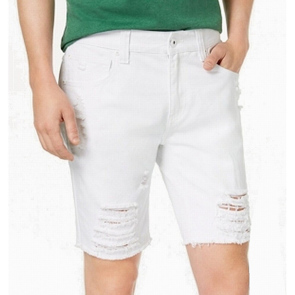 mens white distressed denim shorts