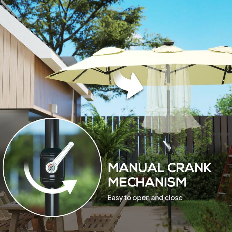Cream White Solar-Powered LED Patio Umbrella with 12-Rib Vented Design and Easy Crank Operation - 116.5" L x 59.1" W x 89.4" H