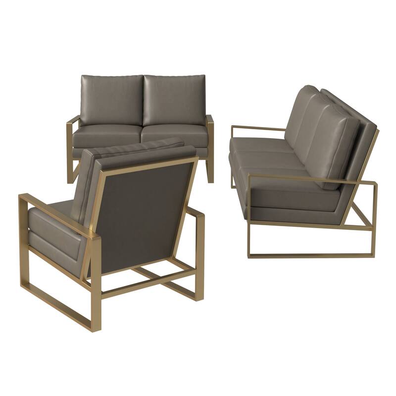 LeisureMod Modern 3-Piece Leather Sofa Set For 6 - Includes Sofa, Loveseat & Accent Chair for Home Office Living Room Bedroom