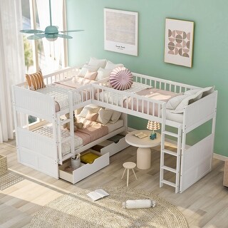 Twin Size Wood Bunk Bed with a Loft Bed attached,Storage Drawers Beneath