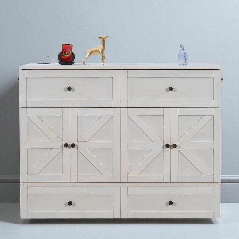 Space-Saving Full/Queen Murphy Bed with Headboard USB Charging Ports and Bottom Storage Drawers - White - Full