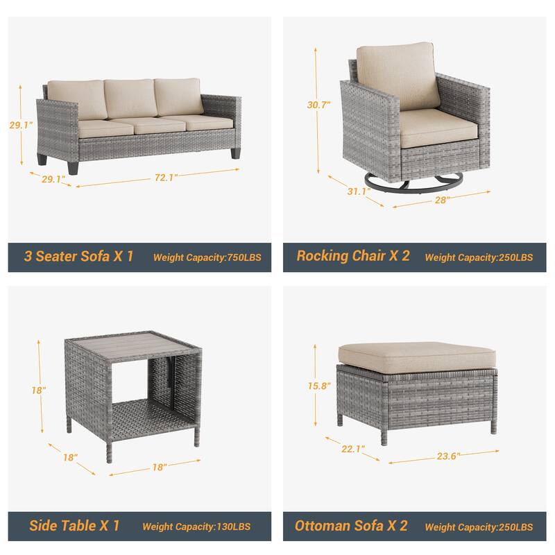 LIVOOSUN Patio 6Pcs Furniture Conversation Gray Rattan Swivel Rocking Sofa Set