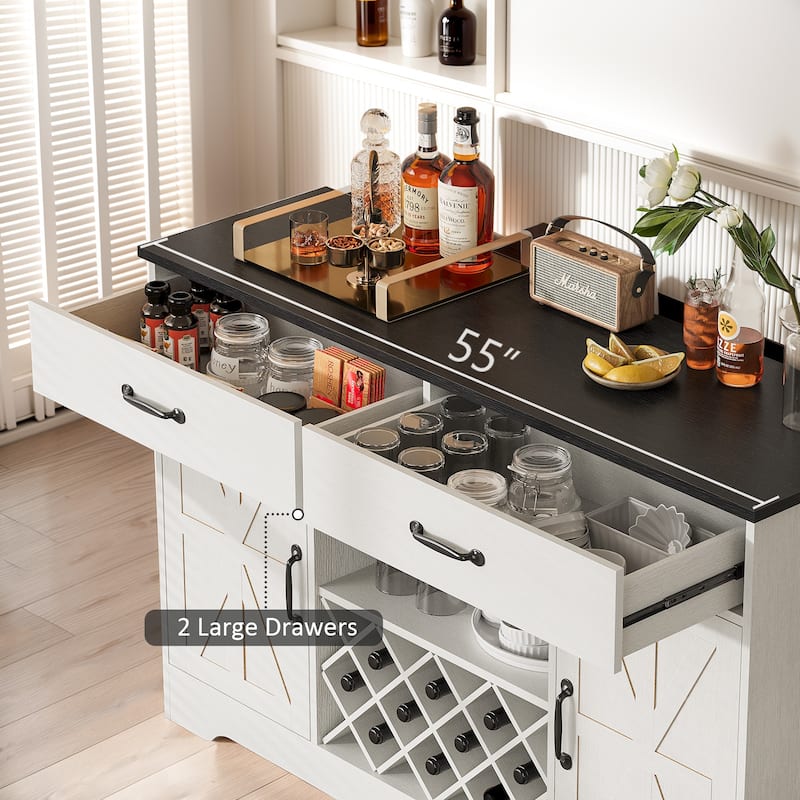 55'' Farmhouse Wine Bar Cabinet with Hutch & 10 Wink Racks