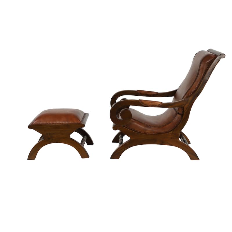 Leather Handmade Accent Chair with Ottoman with Scrolled Wood Arms and Arched Legs - Brown or Black - Roche River Decor