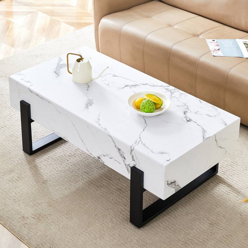 Roomfitters Rectangular MDF Coffee Table with White Marble Top and Black Metal Legs, Minimalist Modern Accent Table, White+Black - White+Black