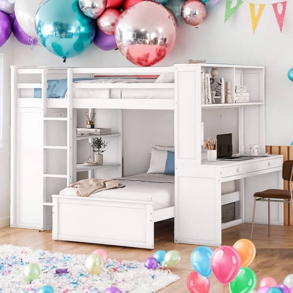 slide 2 of 14, Full size Loft Bed With Twin Size Stand-alone Bed,Shelves,Desk And Wardrobe