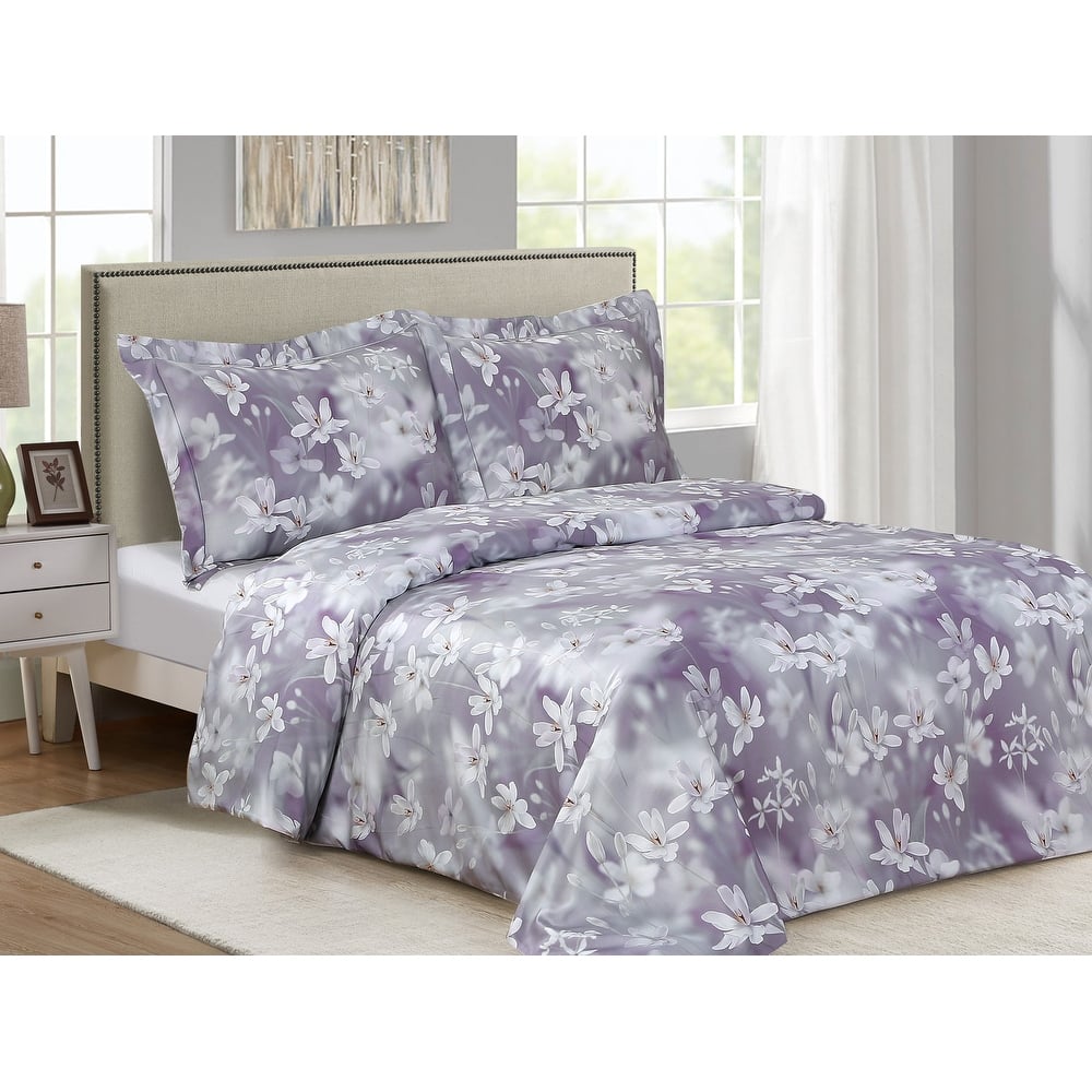 Violet Linen French Orchid Garden Pattern, 300 Thread Count - Cotton Sateen, Lilac, 8 Piece Duvet Set, Bedding Duvet Cover Set