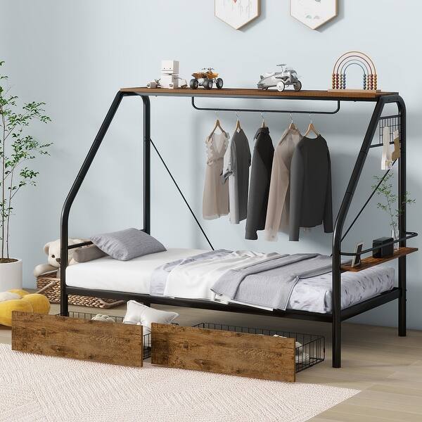 slide 2 of 6, Twin Size Metal Platform Bed with Clothes Rack, Storage Shelves and 2 Drawers
