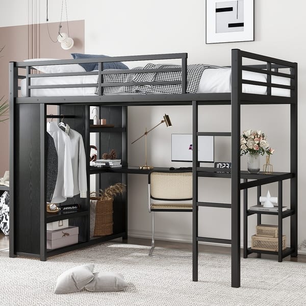 slide 2 of 12, Full Size Loft Bed Frame with Built-in Wardrobe, Metal Loft Bed with Desk and Storage Shelves, Black Black
