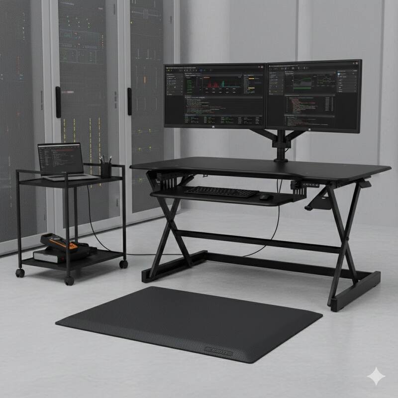 Rocelco 40 in. W Black Height Adjustable Standing Desk Converter with Anti Fatigue Mat Tall Computer Riser Platform