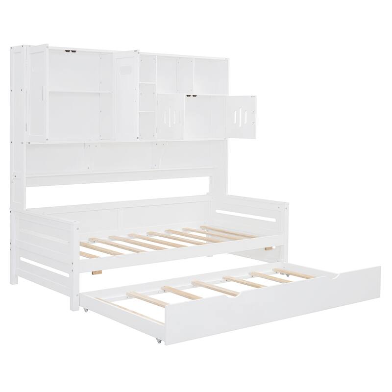 Full Size Wood Daybed with Built-in Storage Cabinet, Open Shelves & Twin Trundle Bed, Space-Saving Multi-Functional Frame