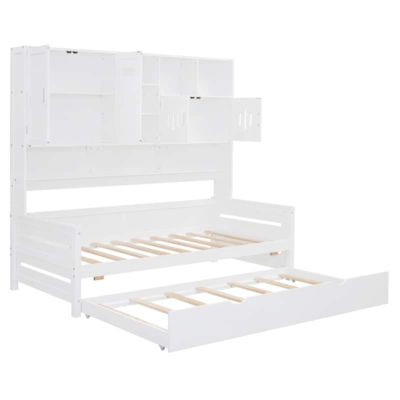 Space-Saving Twin Size Daybed with All-in-One Cabinet, Wooden Platform Bed Frame with Twin Trundle & Shelf, No Box Spring Needed