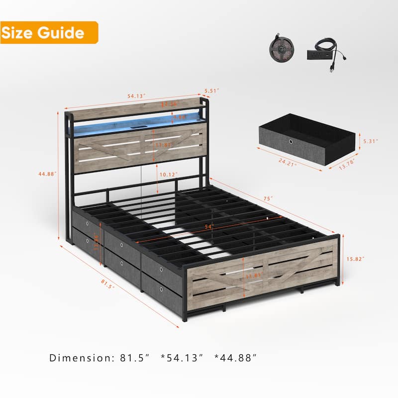 Storage Bed Frame with 12 Fabric Drawers, Metal Platform Bed with Headboard Footboard, LED Lights, Integrated Charging Station
