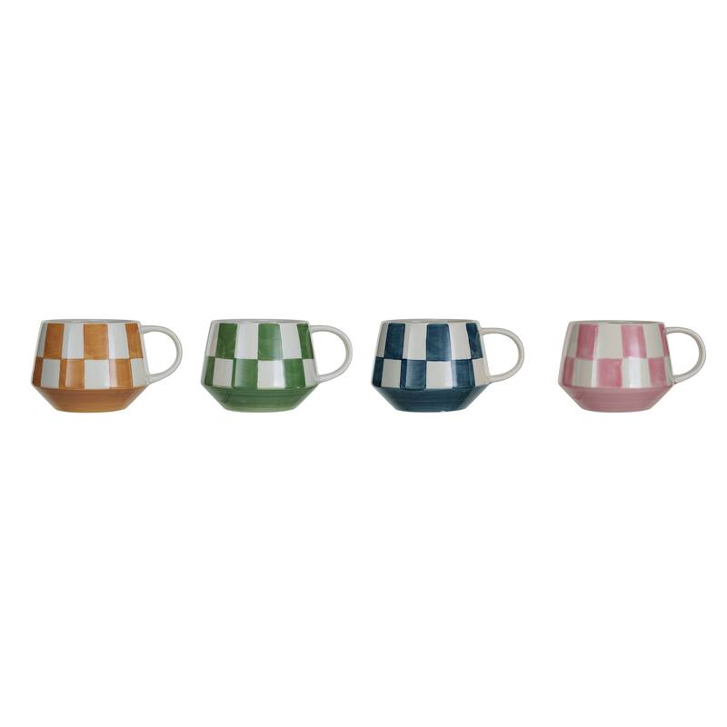 Stoneware Mug Set with Checkered Patterns - 4.8"L x 3.4"W x 3.3"H - 4.8"L x 3.4"W x 3.3"H - Multi - 4 Piece