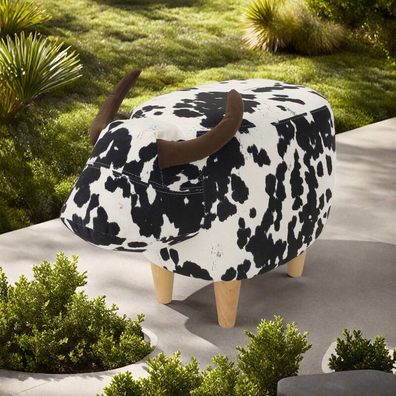 Cow Animal Shape Kids Ottoman, Cute Wood Foot Stool Shoes Changing Seat & Cushioned for Adult Living Room, Bedroom, Playroom