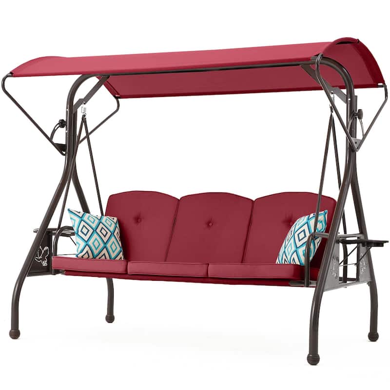 3-Person Outdoor Patio Swing with Adjustable Canopy - Red