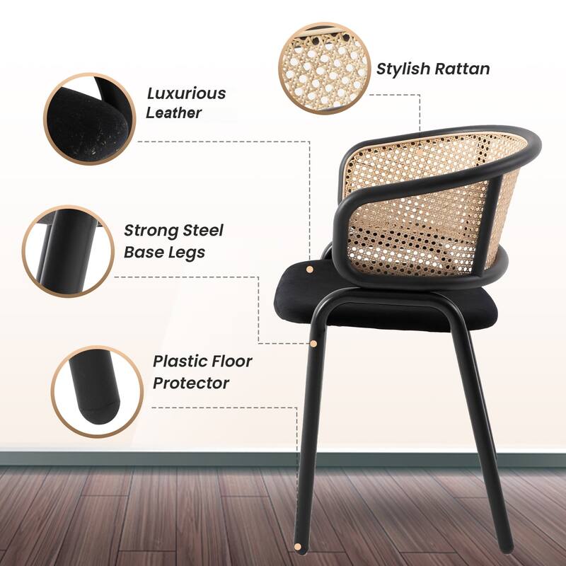 LeisureMod Set of 2 Modern Leather Dining Chair with Wicker Back & Black Steel Frame - Accent Side Armchair for Home Furniture