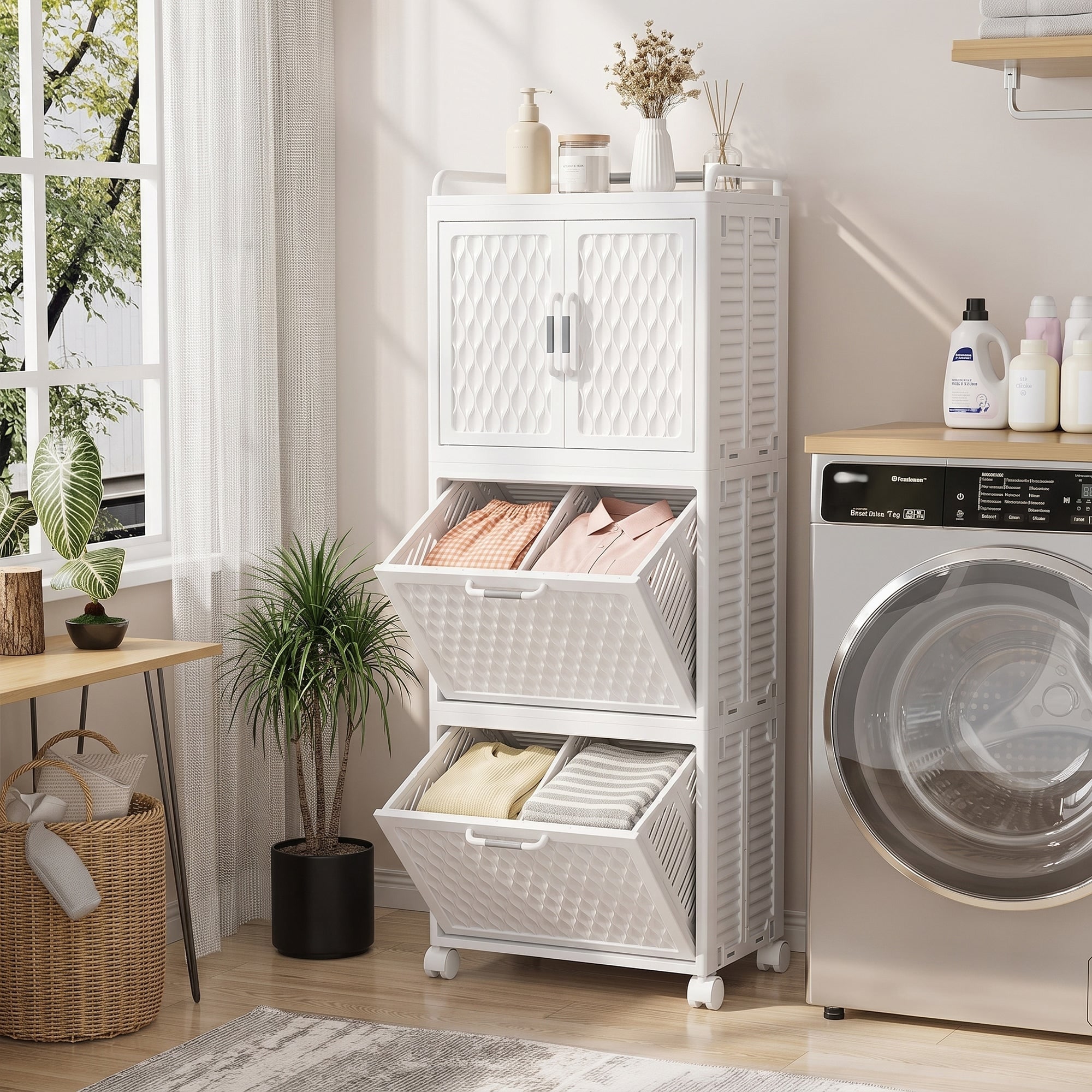 Javlergo Rolling Laundry Hamper Cabinet with Wheels Tilt-Out Baskets White Storage Organizer with Shelf 2-Tier & 3-Tier Options