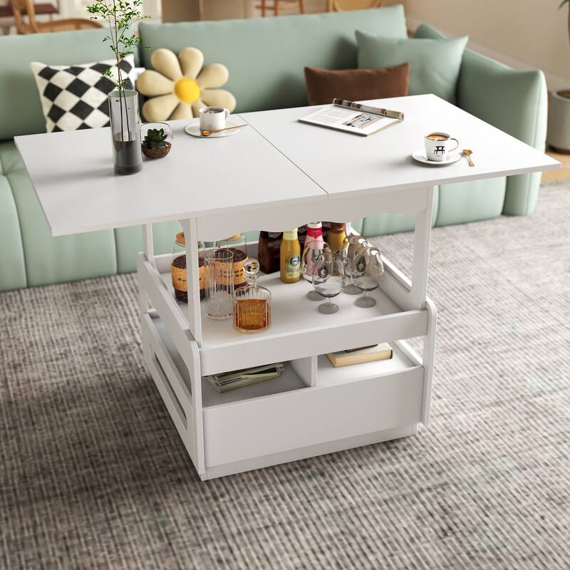 Modern 3 in 1 Transformable Coffee Table with Storage Cabinet and Lift Top, for Living Room and Dining Room - White