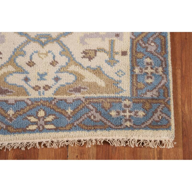 Ivory & Blue Oushak Indian Runner Rug Handmade Wool Carpet - 2'7"x 7'8"
