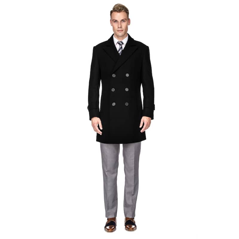 Men's Double Breasted Wool Blend Coats - Black - S