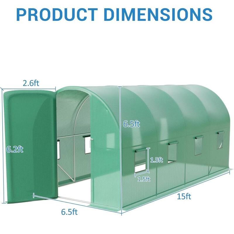 15x6.5x6.5FT Outdoor Walk-in Tunnel Greenhouse with 8 Ventilated Mesh Windows & Door