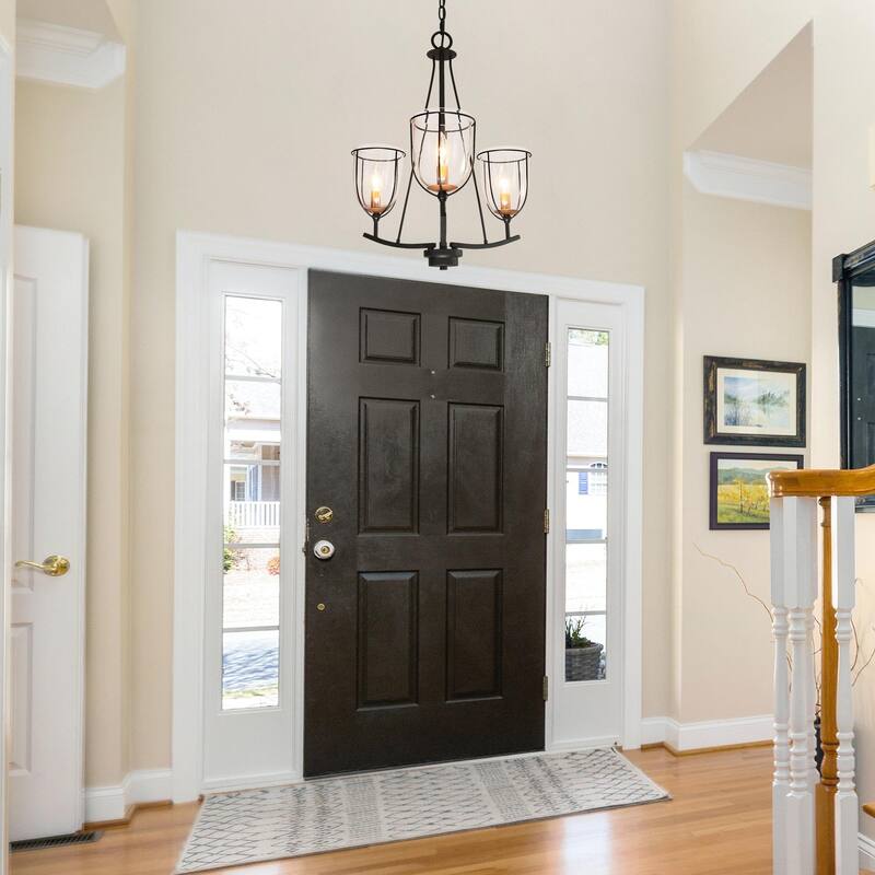 Modern Farmhouse 3-Light Glass Chandelier Black Metal Frame Entryway Hanging Lights - D19" x H82"