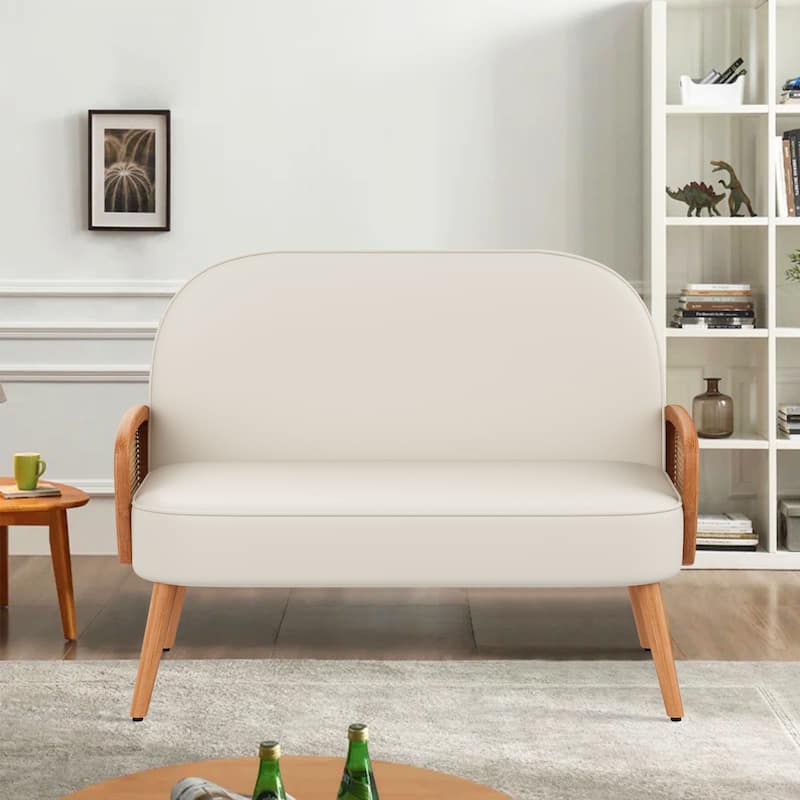 Loveseat Sofa Small Couch for Living Room, Faux Leather Mini Couch Love Seat with Natural Rattan Armrest and Solid Wooden Legs
