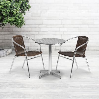 23.5'' Round Aluminum Indoor-Outdoor Table Set with 2 Rattan Chairs - 23.5"W x 23.5"D x 27.5"H - 23.5"W x 23.5"D x 27.5"H