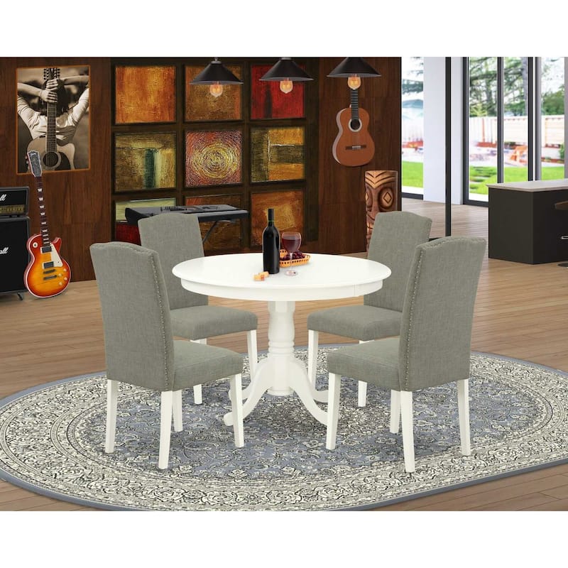 Round Dinette Set 5Pc - 42 Inch Table & 4 Chairs - Modern Kitchen Set - Linen White Legs - Dark Shitake Fabric