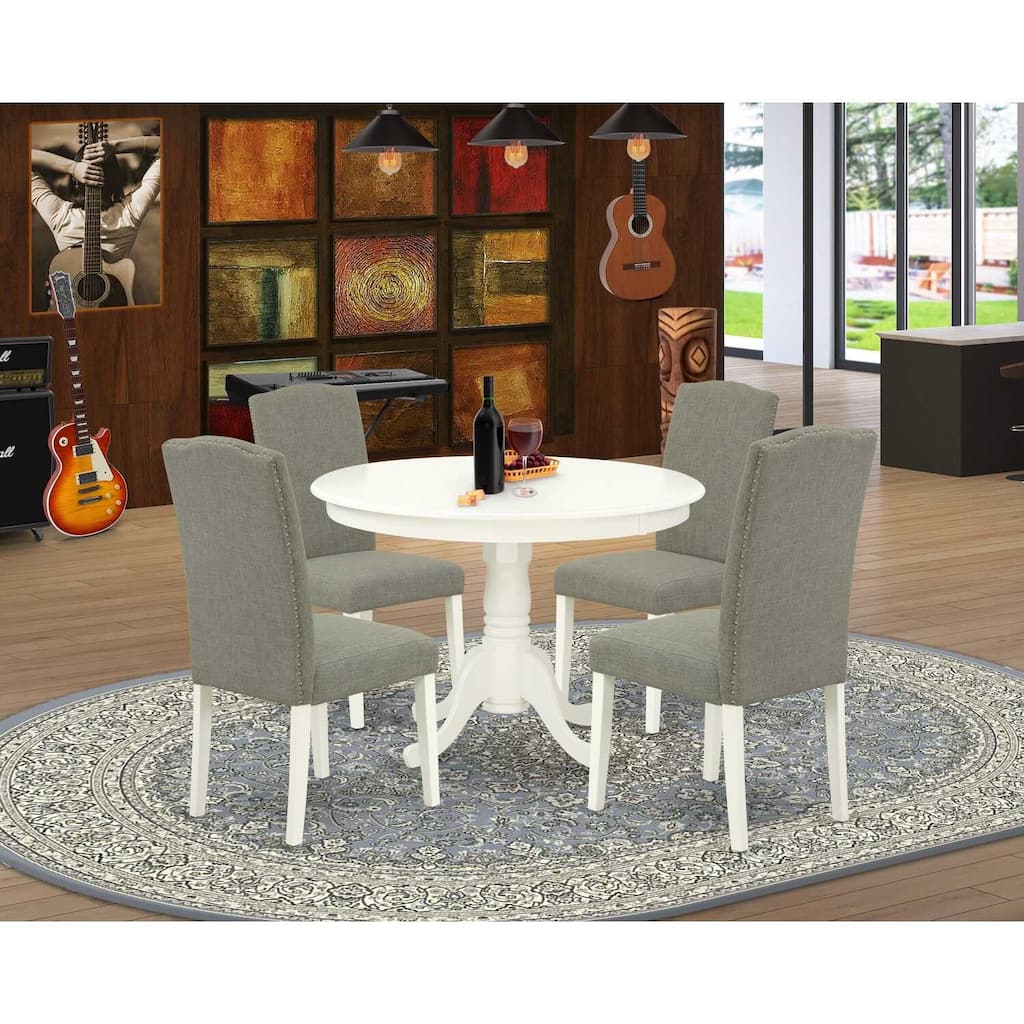 Round Dinette Set 5Pc - 42 Inch Table & 4 Chairs - Modern Kitchen Set - Linen White Legs - Dark Shitake Fabric