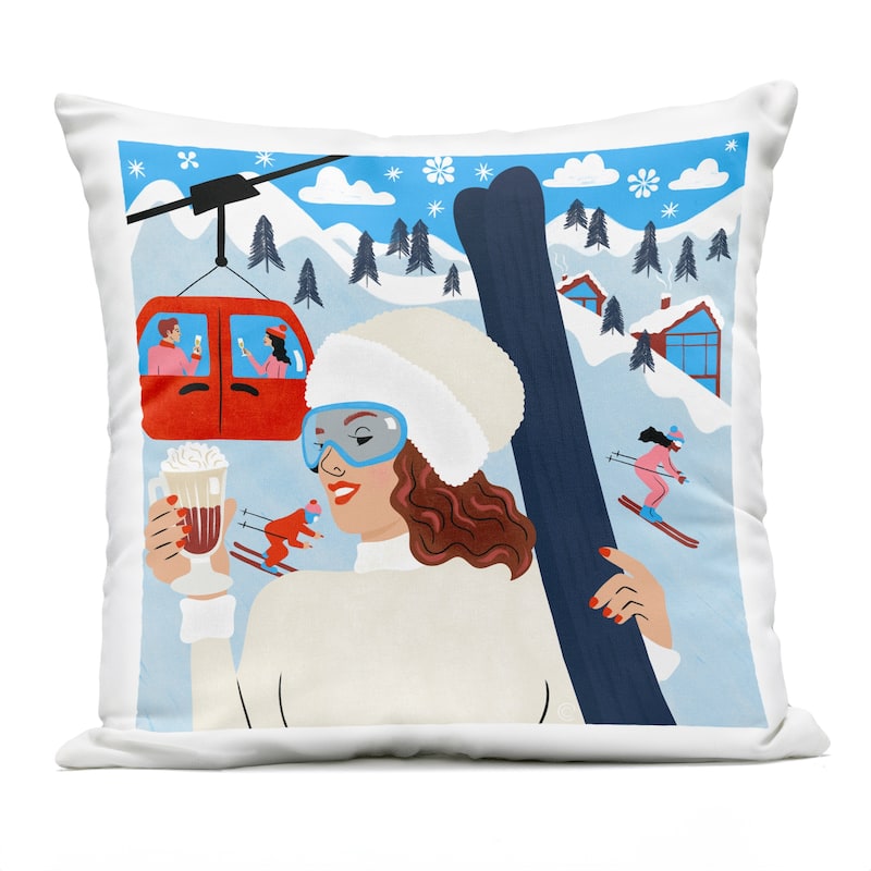 Stupell Sipping Cocoa on Ski Lift Printed Outdoor Throw Pillow Design by Carrie Cantwell - Accent - Polyester - Blue - Single
