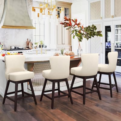 26 in. Mid-Century Modern Wood Frame Swivel Bar Stools with Faux Leather and Linen Upholstered Seat（Set of 4）