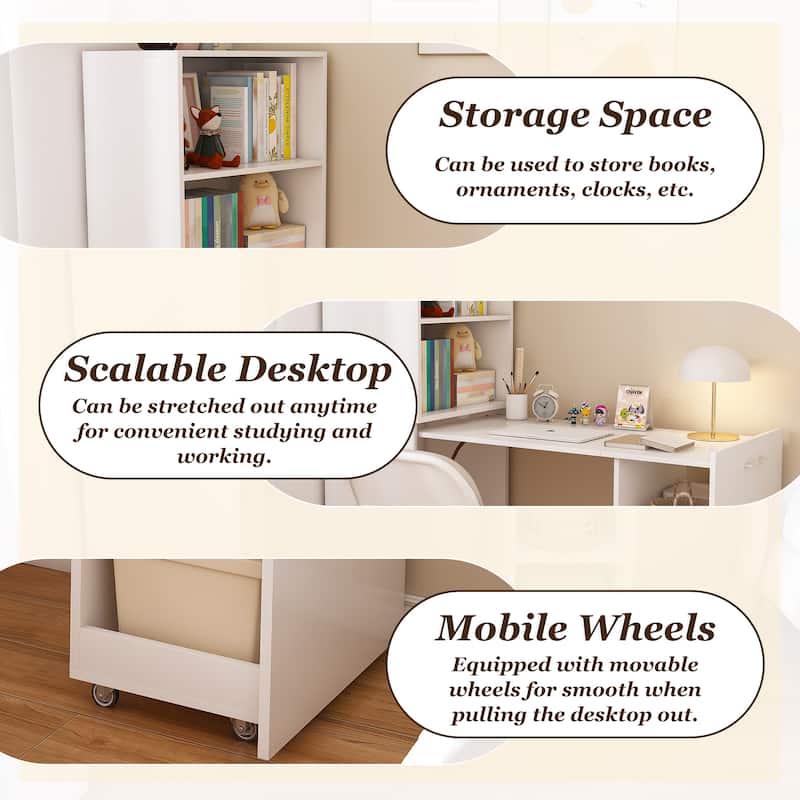 Burlywood Foldable Desk with Wheels, Office Desk with Storage for Small Spaces