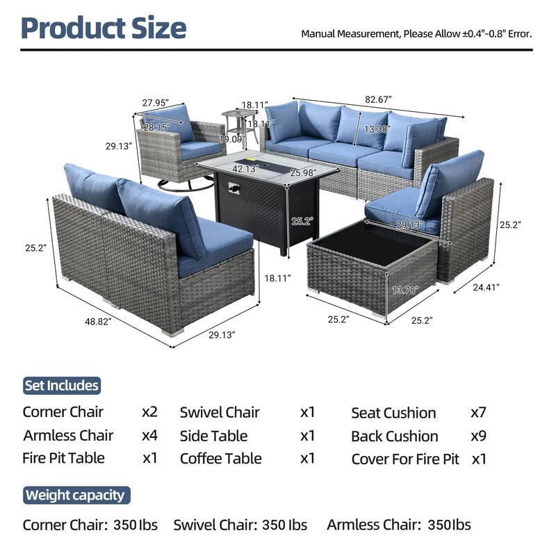 HOOOWOOO 10-piece Wicker Patio Furniture Sectional Sofa Set Swivel Rocker with Fire Pit Table