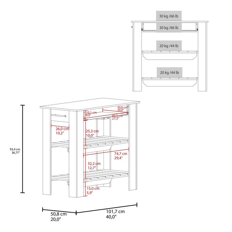 FM Furniture Brooklyn 40 Kitchen Island, Two Shelves, One Drawer
