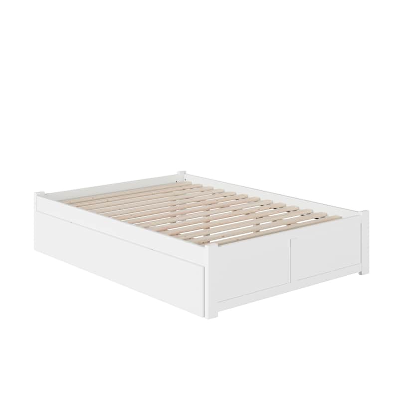 King Size Wood Platform Bed with Trundle - White Minimalist Design, Slat Kit Included