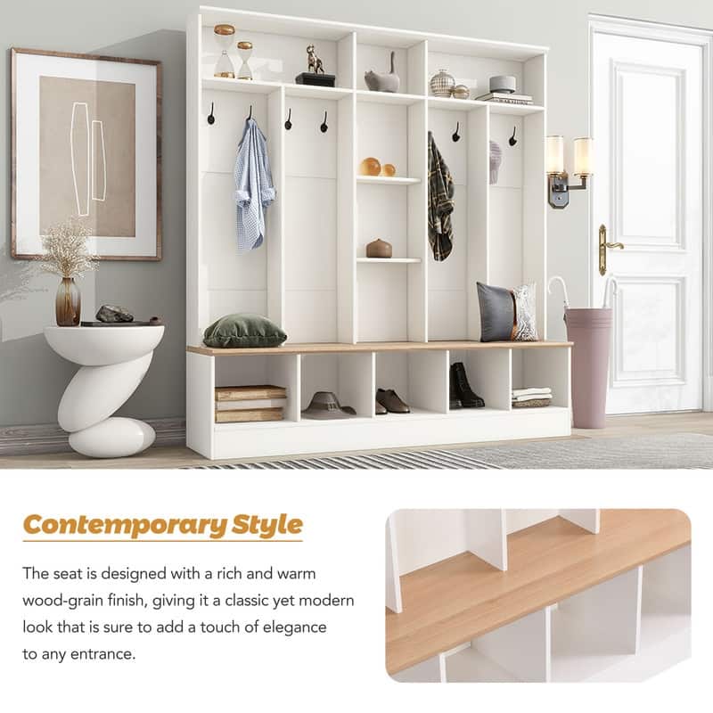 Hall Tree with Storage Bench, Shoe Cabinet with Cube Storage & Shelves, Entryway Bench Coat Rack Mudroom Bench with 8 Hooks