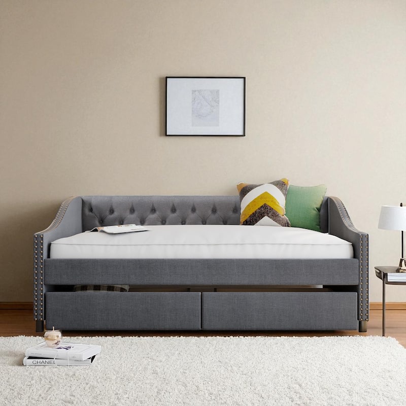 Full Size Upholstered Daybed with Storage Drawers, Diamond Tufted Backrest, Linen Fabric, Wood Slat Support - Grey - Full