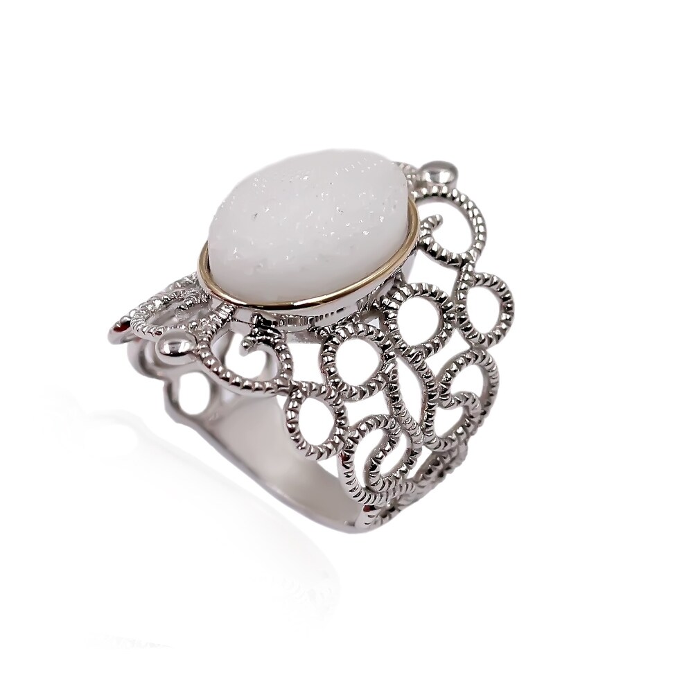 Multi Color Druzy 13X18 mm Gemstone Ring .925 Sterling Silver 7 Grams Size 6 Dainty Trendy