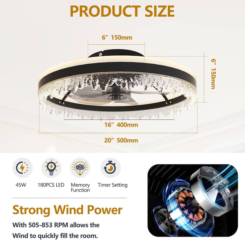 20" Black Smart Ceiling Fan Light with Silent Function