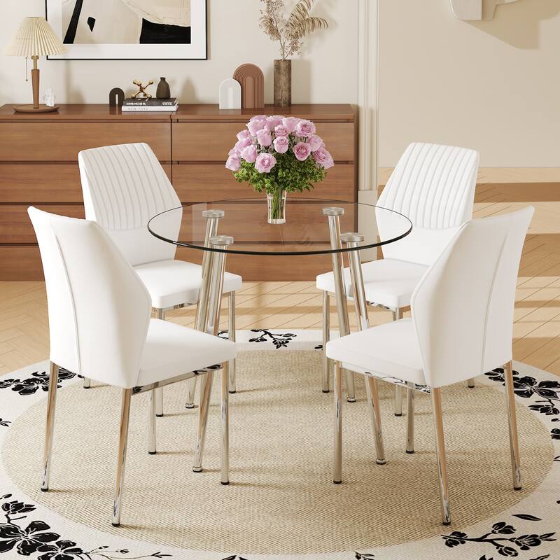 5-Piece Indoor Modern Round Dining Table Set for 4, Transparent Glass Table & 4 PU Chairs Set for Kitchen, Living Room