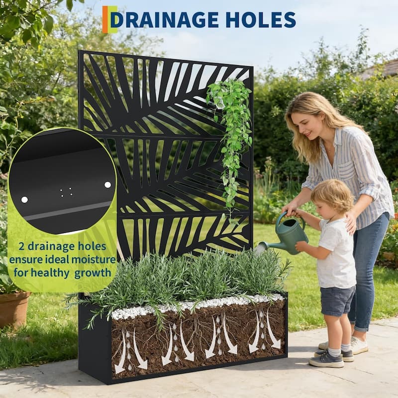 Metal Privacy Screen Planter Box, Raised Garden Bed for Climbing Plants, Veggies, Palm Leaf Style