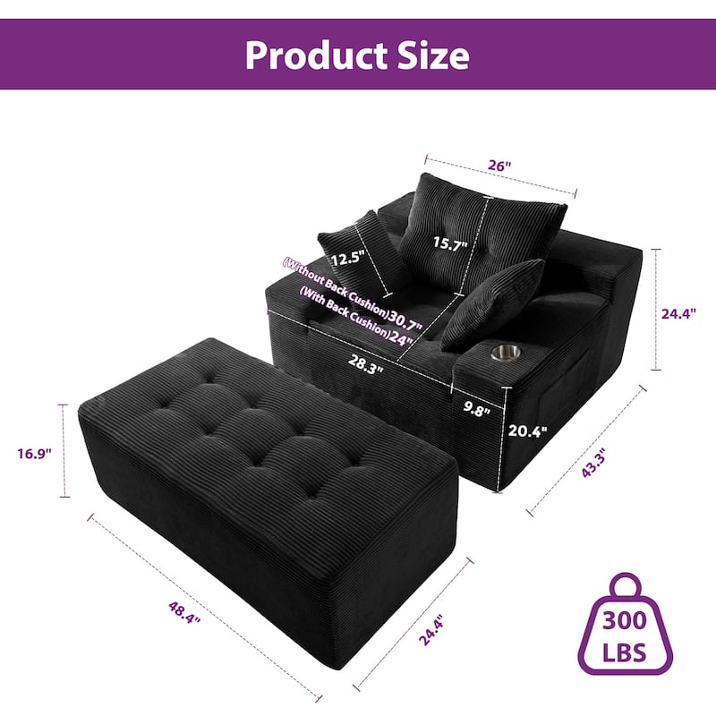Corduroy Upholstered Memory Foam Sofa With Ottoman Upholstered Bean Bag Couch - 48.4"Lx67.7"Wx24.4"H