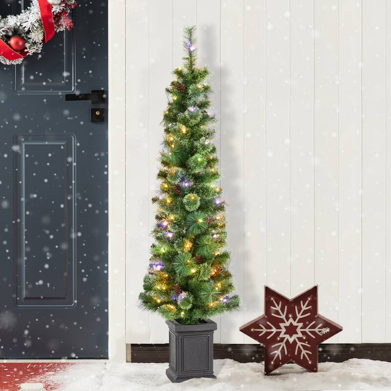 Glitzhome 5ft/6ft/7ft Pre-Lit Green Pine Christmas Potted Porch Tree with LED Lights and Remote Control
