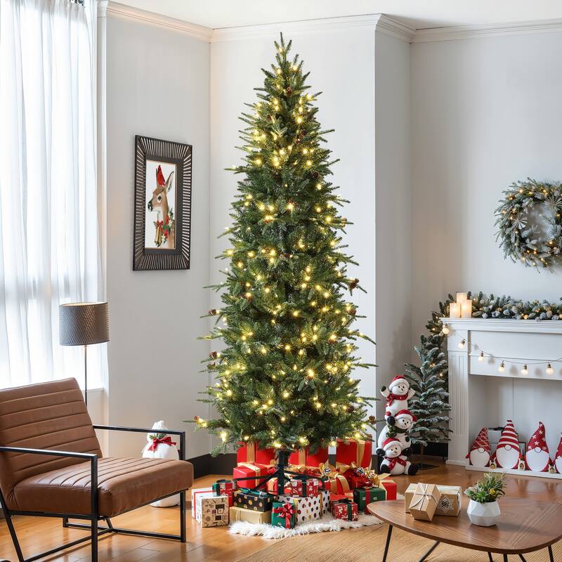 7.5Ft Pre-Lit Hinged Green Slender Artificial Christmas Tree with Pinecones - 90" H x 38" Diameter