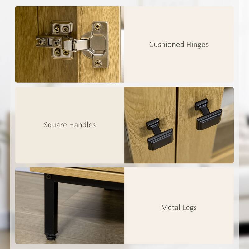 HOMCOM Kitchen Cabinet, Floor Storage Cabinet with Double Glass Doors, Metal Legs, Oak
