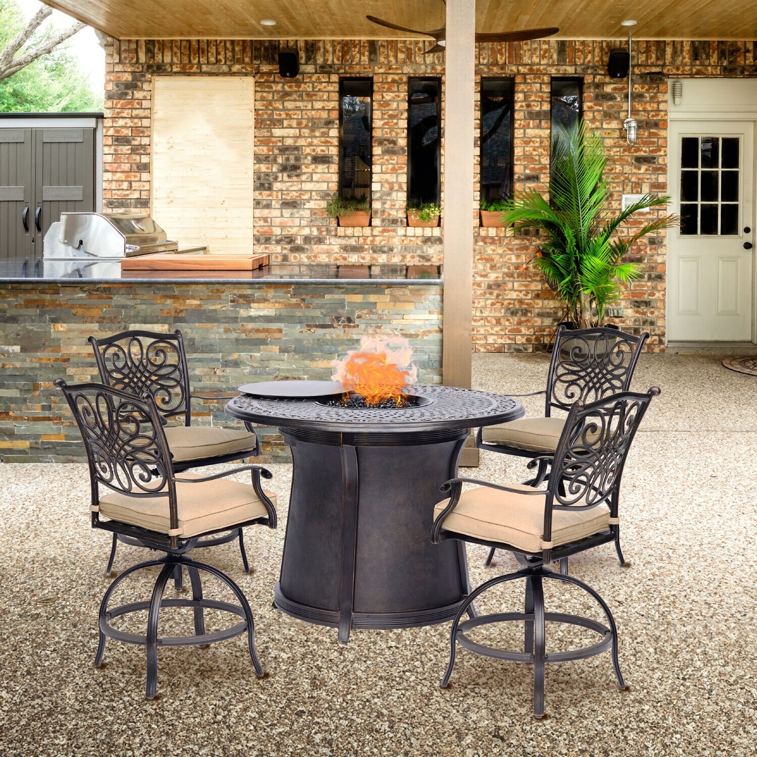Hanover Traditions 5 Piece High Dining Set with 4 Swivel Chairs and a 40 000 BTU Cast top Fire Pit Table N A Bed Bath Beyond 40187747